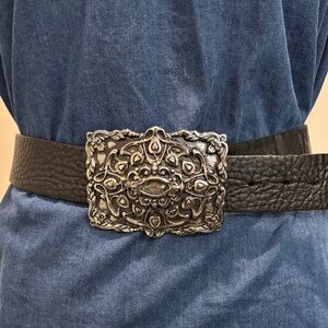 Italian Black Pebbled Leather Belt Ornate Silver Buckle L 48" Boho Western